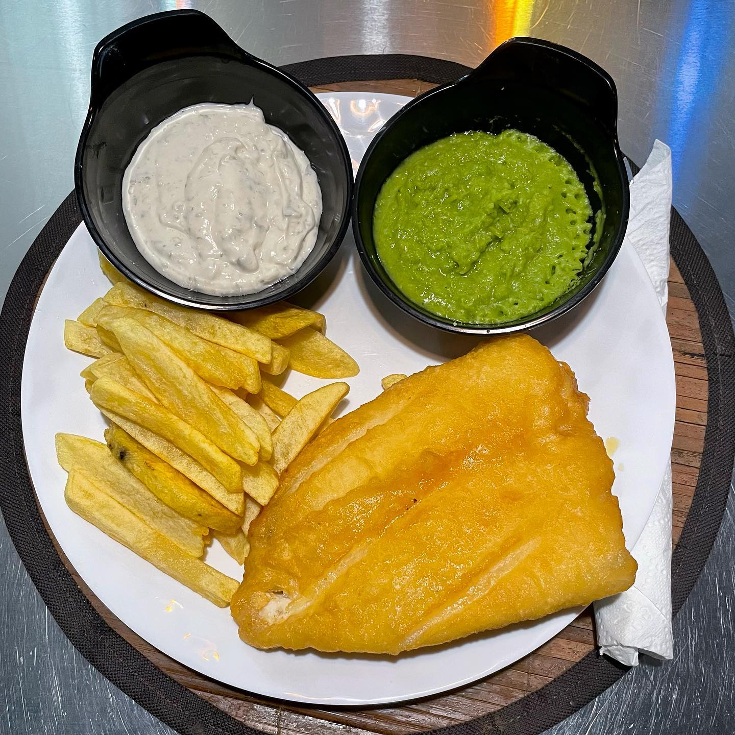 Fish and chips with dipping sauces