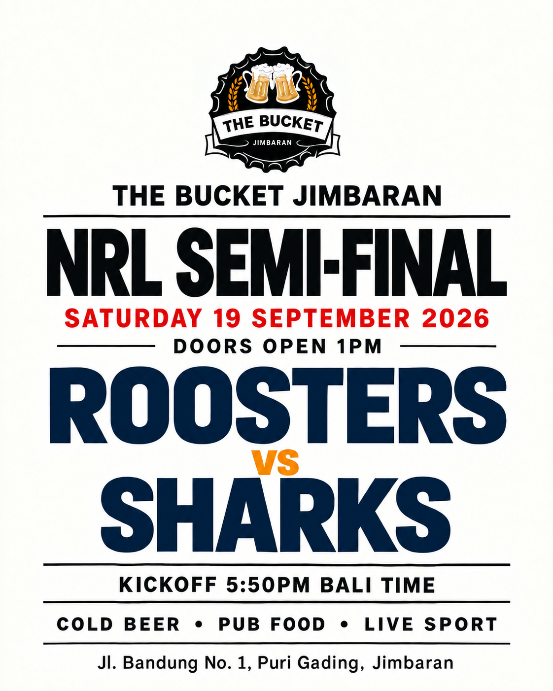 Minimal fixture card: The Bucket NRL semi-final poster for 19 September
